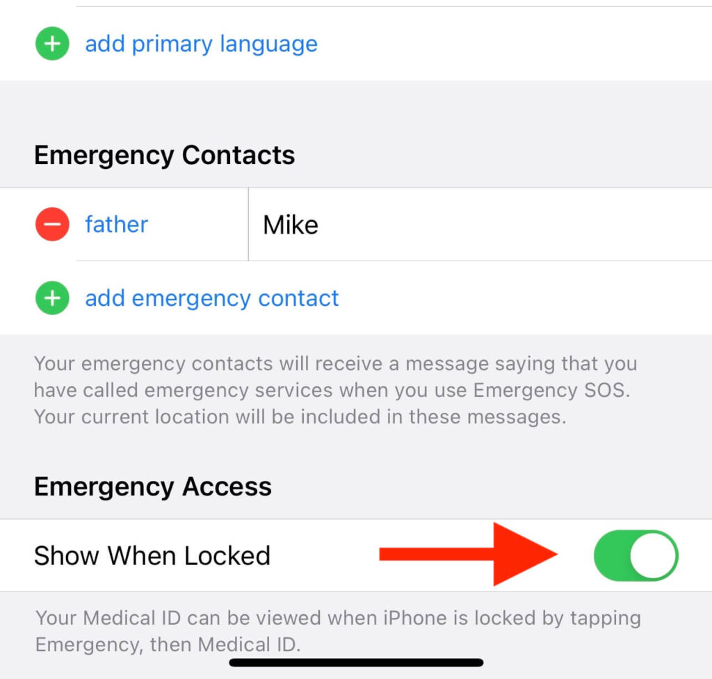 show emergency contact details lock screen - iphone