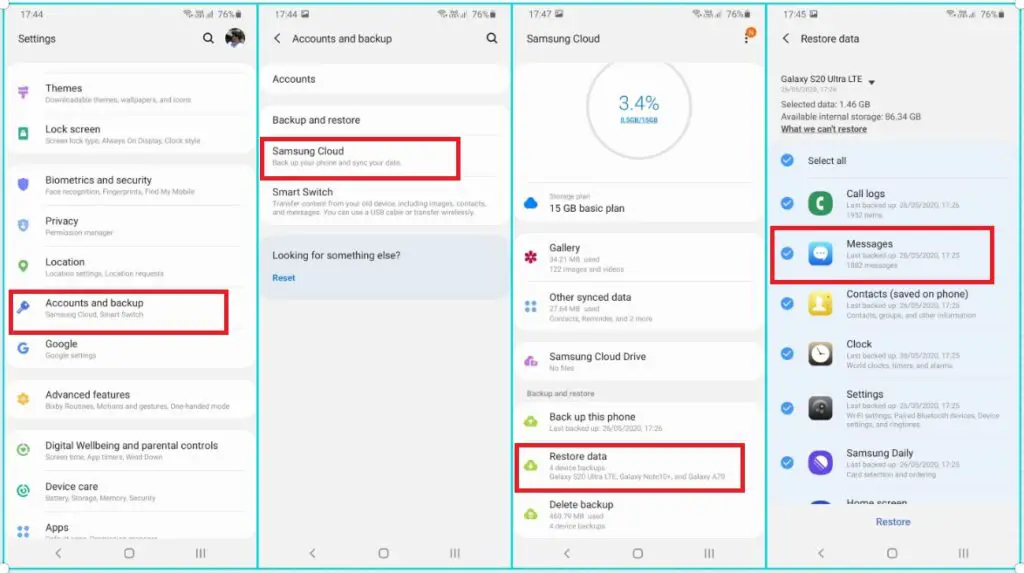 Retrieve deleted texts on samsung via samsung cloud