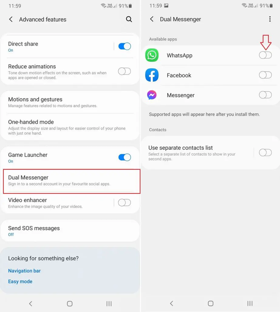 ANDROID ADVANCED FEATURES ENABLE DUAL MESSENGER OPTION