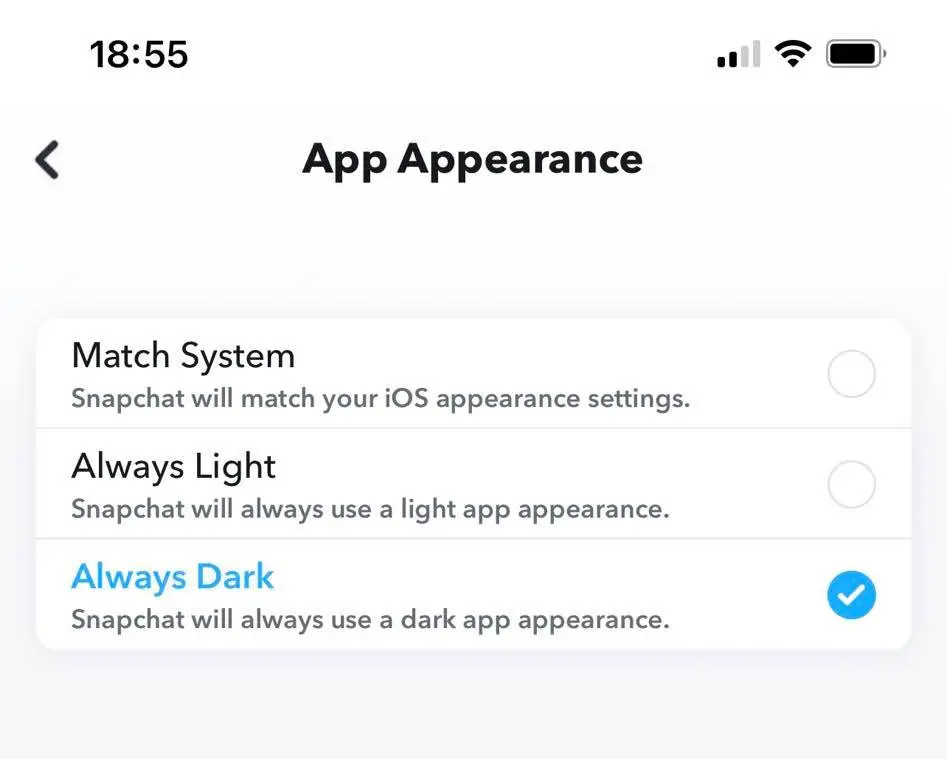 Snapchat Always Dark Mode