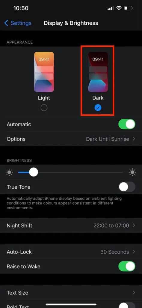 enable dark mode iphone