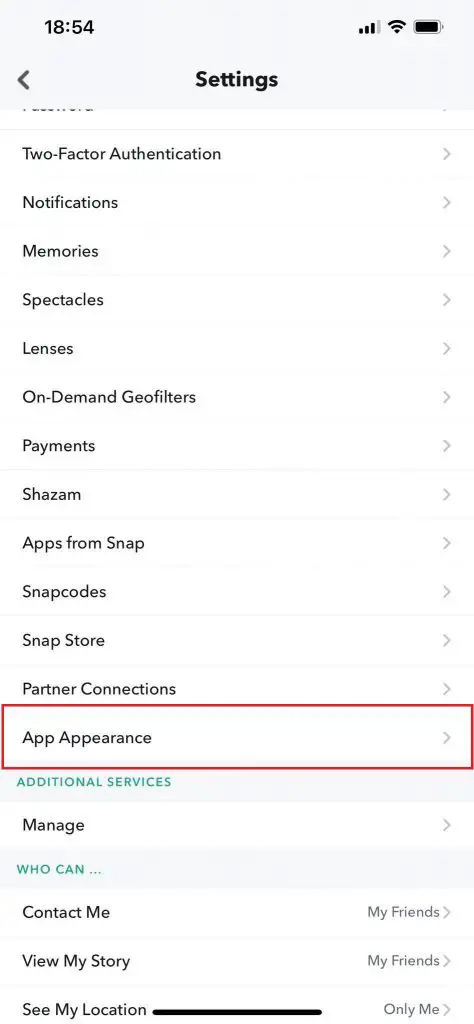 Snapchat Settings - App Appearance