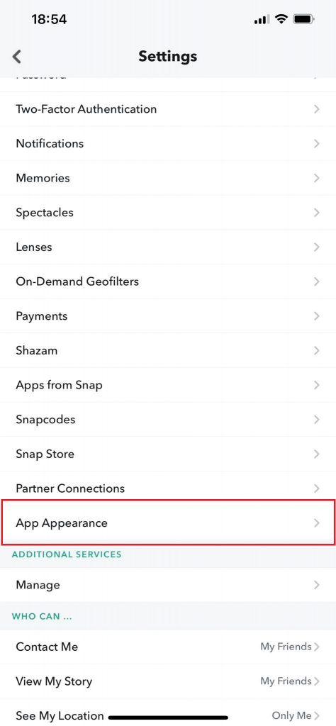 Snapchat Settings - App Appearance