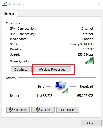 wireless properties windows 10