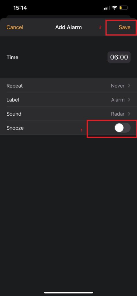set alarm time iphone- snooze off