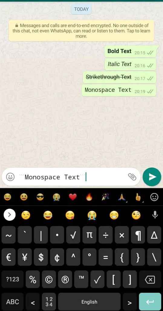 How to monospace- typewriter whatsapp text