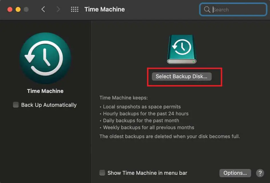 select backup disk time machine