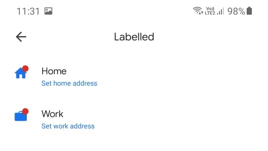 set work and home address google maps