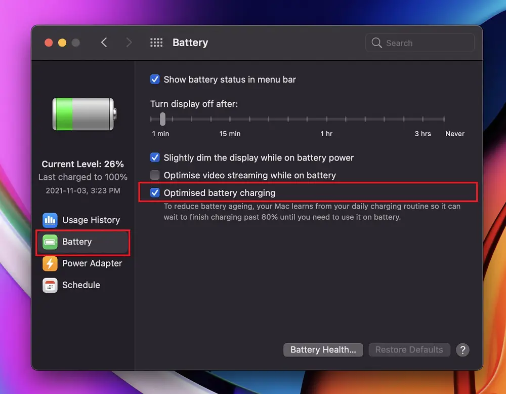 MacBook Battery Healthy - optimised battery charging