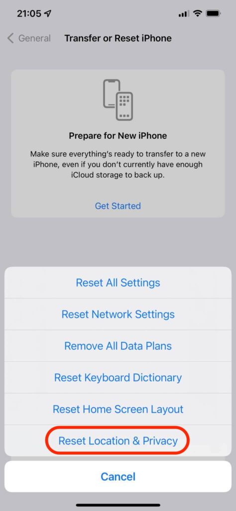 Reset location and privacy