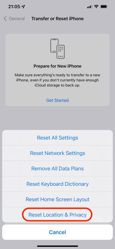 Reset location and privacy