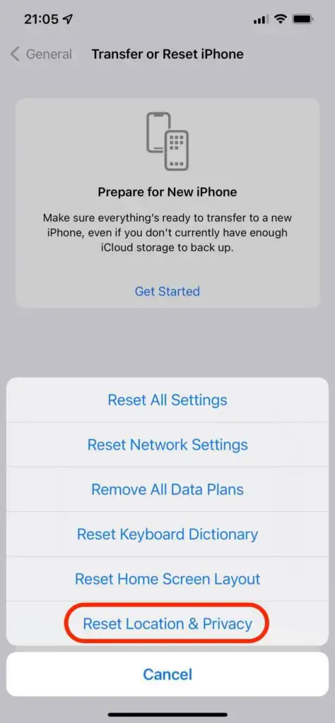 Reset location and privacy