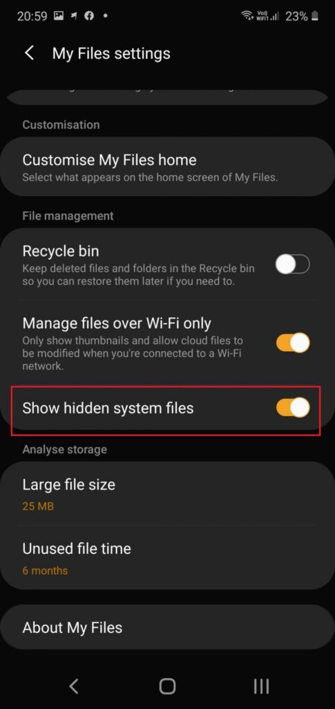 how to show hidden files android